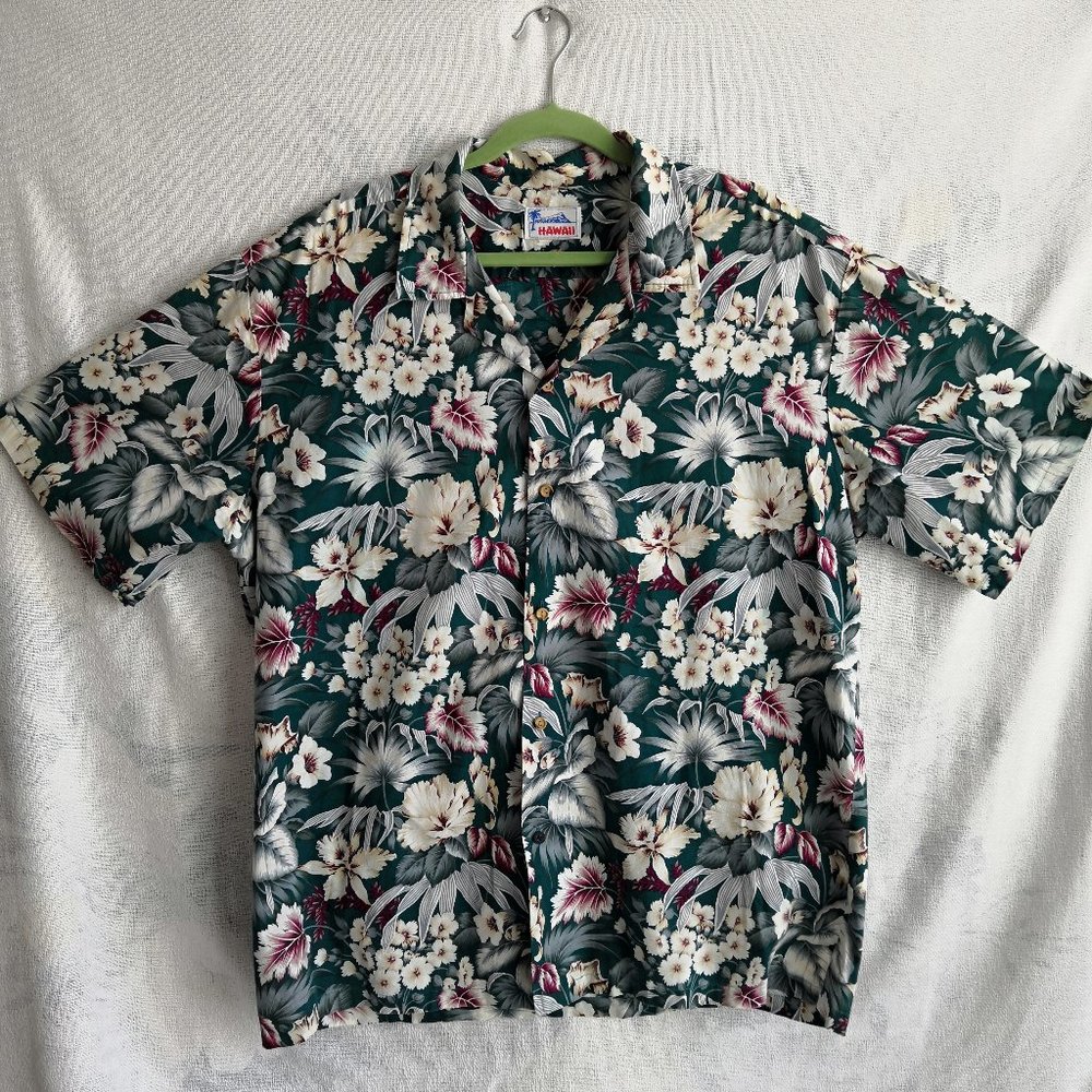 Vintage 80s Mens Button Up Orchid Floral Green Hawaiian Aloha Shirt Size Large